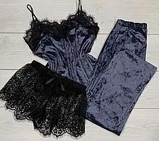 Комплект трійка з мармурового велюру в  темно-синьому кольорі з штанами, майкою та прозорими шортами