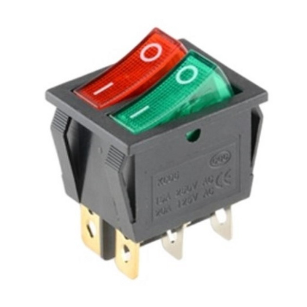 Перемикач двоклавішний КП-53и 220В 6 контактів, 2 положення з фіксацією "вкл-вкл" і підсвічуванням