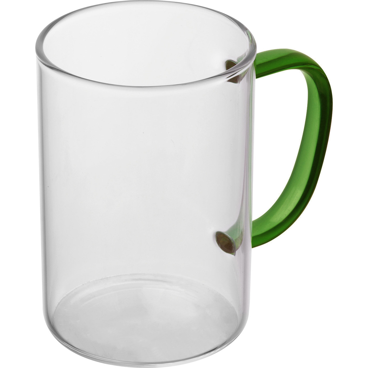 Чашка для сублимационной печати стеклянная прозрачная с зелёной ручкой 330 мл евроцилиндр - фото 2 - id-p1656085011