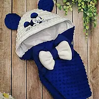 Зимний конверт одеяло на выписку для мальчика Микки, плюшевый с вышивкой, синий