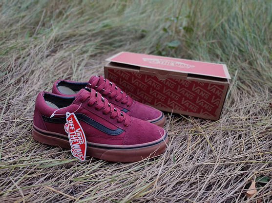 Кеди Vans Old Skool WineRed / GREY чоловічі кросівки Бордо на рудій підошві чолові, фото 3