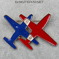 Брошка металева золотиста Літаки покрита синьою та червоною емаллю розмір виробу 65х55 мм