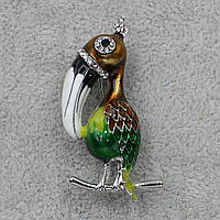 Брошь металлическая серебристая Птица покрыта цветной эмалью инкрустирована стразами размер изделия 45х23 мм