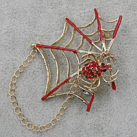 Брошь металлическая золотистая паук на паутине в красных стразах покрыта красной эмалью размер изделия 40х40мм