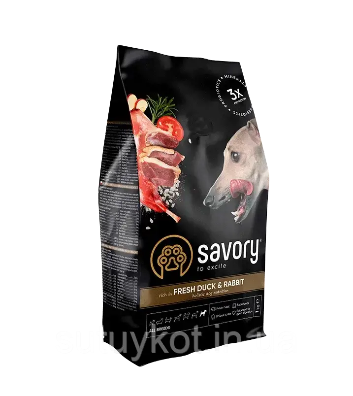 Savory (Сейворі) сухий корм для всіх порід собак з качкою та кроликом, 1 кг, фото 1