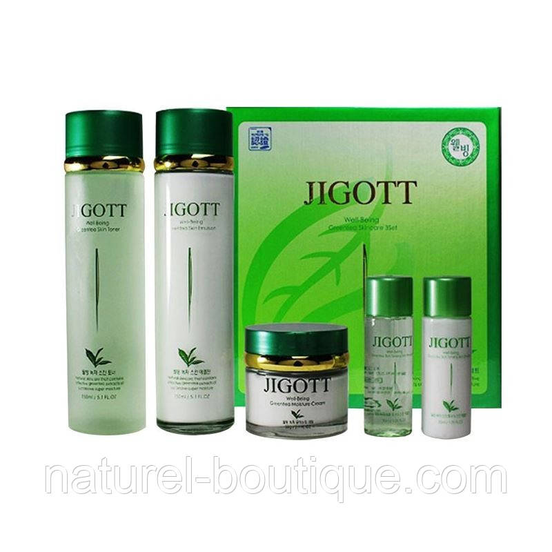 Набір косметичний Jigott WELL-BEING GREENTEA 3SET для шкіри обличчя з екстрактом зеленого чаю, фото 1