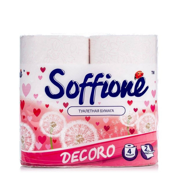 Двошаровий туалетний папір Soffione Decoro біло-рожевий 4 рулони