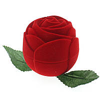 Футляр Троянда велика червона з листиками оксамитовий для ювелірних виробів під кільце або прикраси 6х6х6 см
