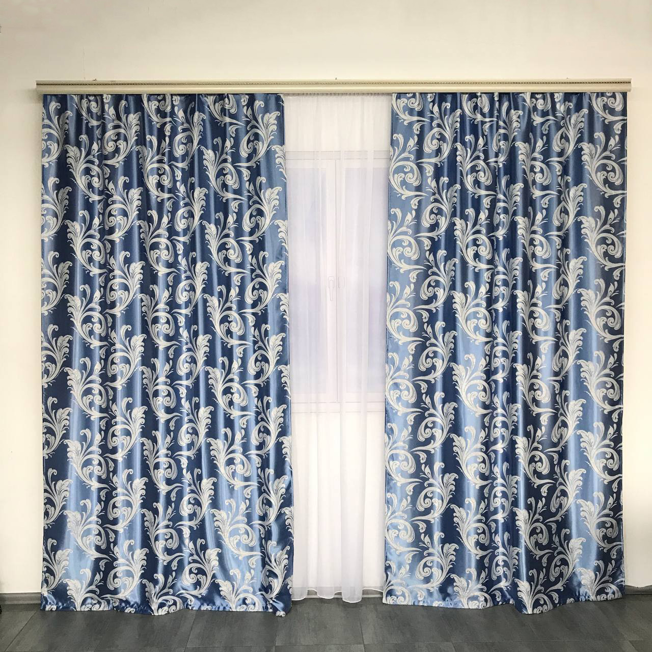 Штори велюр блекаут вензель блакитні з білим шифоновим тюлем ALBO (SHTN-202-6), фото 1
