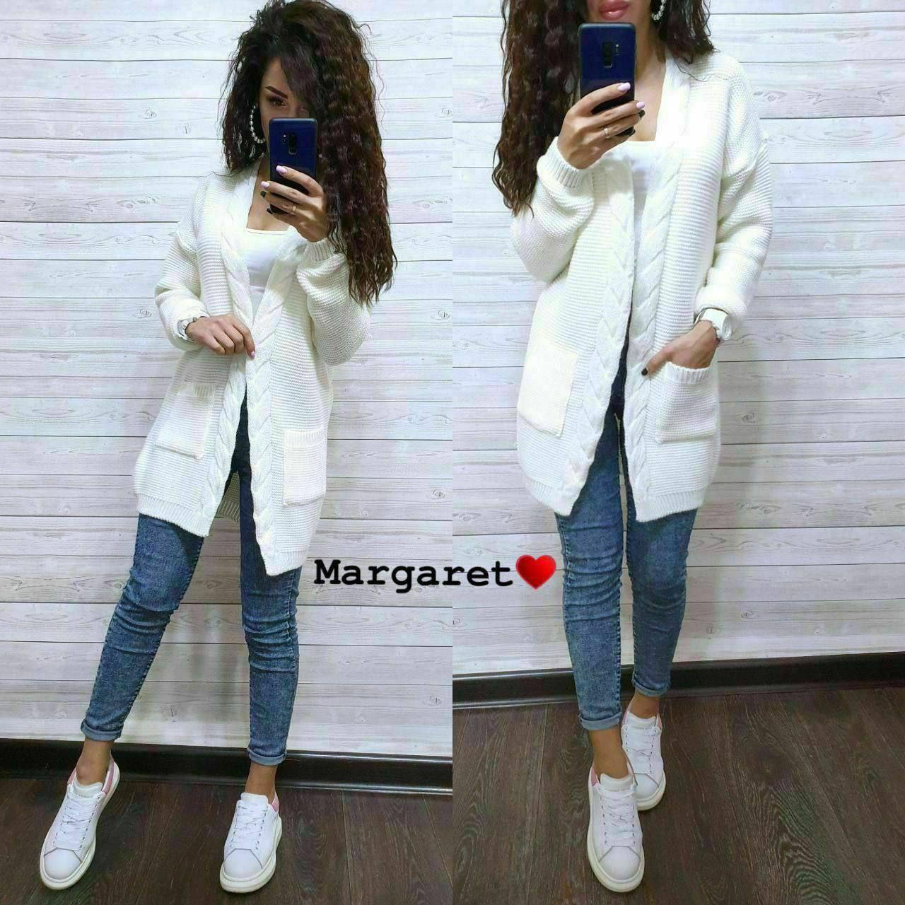 Жіночий в'язаний кардиган з кишенями та візерунком коса (р. 42-46) 9KA177, фото 1