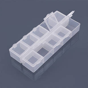 Контейнер для Бісера та Бусин, Пластик, Прямокутний, 10 Відсіків, Колір: Білий, Розмір: 13.2x6.2x2.05 см, Відсік