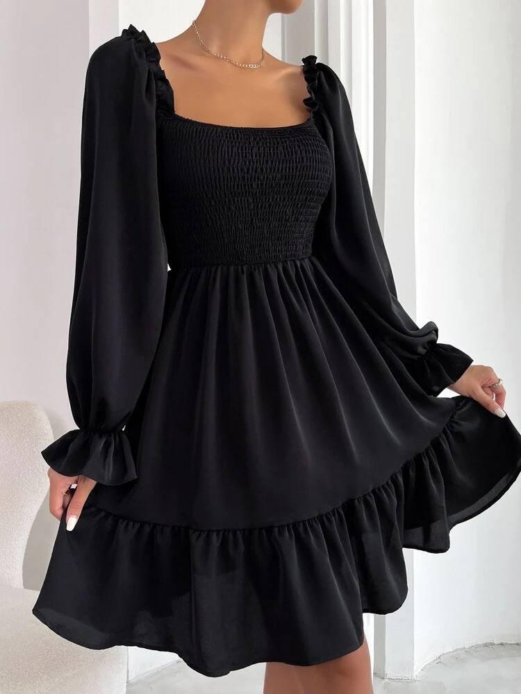 Черное нежное женское платье с длинным рукавом и воланами, летнее платье софт - фото 1 - id-p1656566410