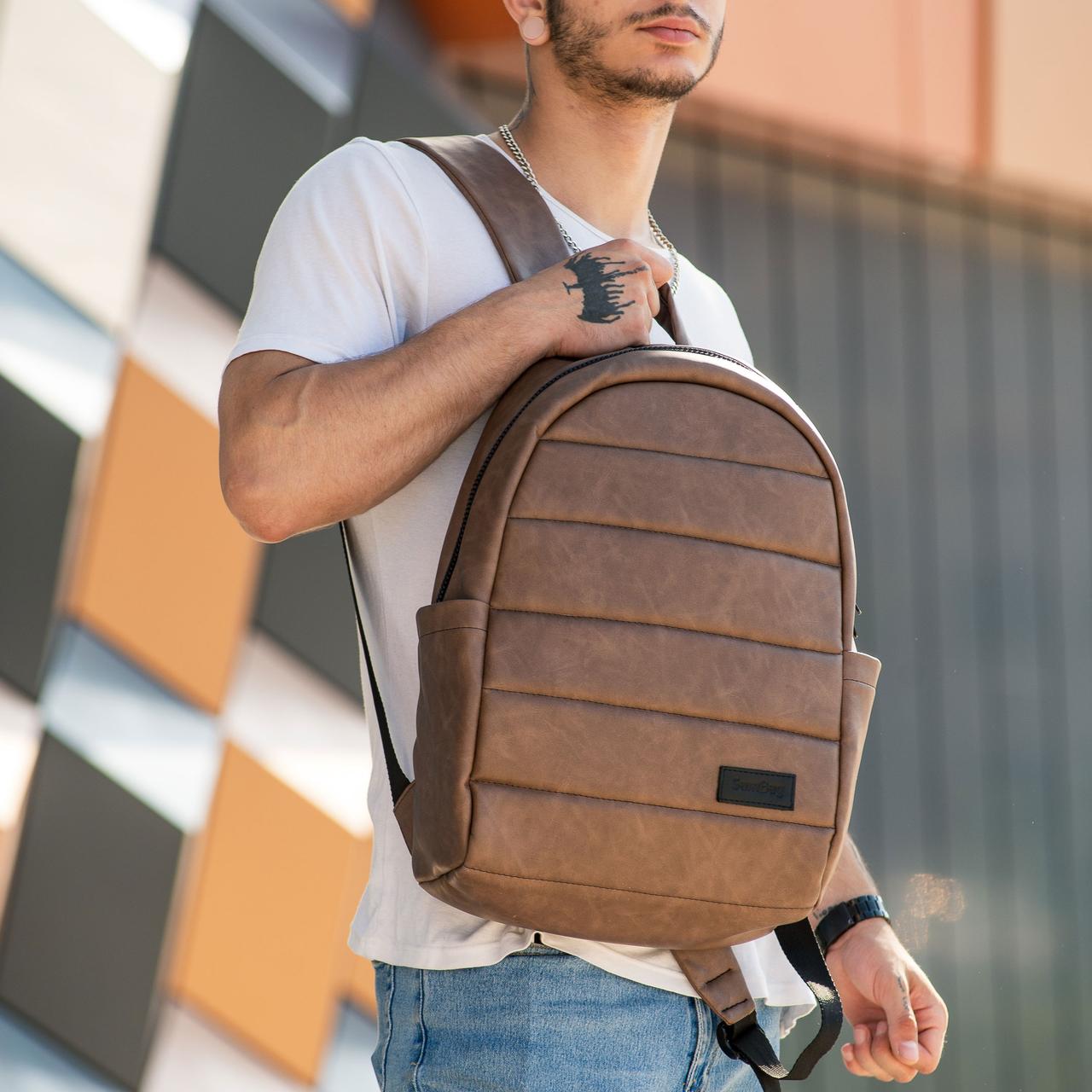 Рюкзак шкіряний чоловічий із відділенням для ноутбука LINER коричневий нубук міський з екошкіри