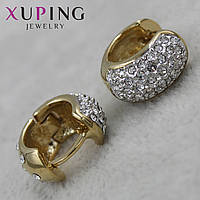 Серьги колечки диаметр 15 мм толщина 7 мм позолота фирма Xuping Jewelry россыпь серебристых камней