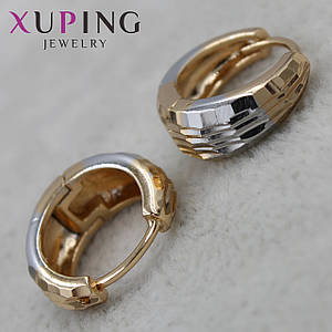 Серьги колечки диаметр 15 мм толщина 6 мм позолота фирма Xuping Jewelry серебристые лазерные насечки