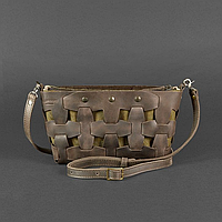 Женская кожаная плетеная сумка клатч через плечо кросс-боди из натуральной кожи размер S темно-коричневая