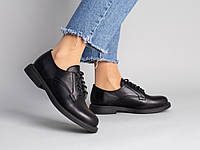 Туфли женские кожаные черные на шнурках низкий ход