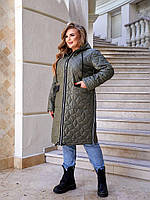 Женская демисезонная куртка с капюшоном и накладными карманами в больших размерах 60-62, Хаки