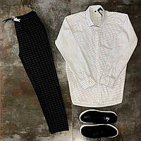 Костюм мужской Рубашка льняная в точку + Брюки в клетку Boss бело-черный Комплект классический ЛЮКС качества