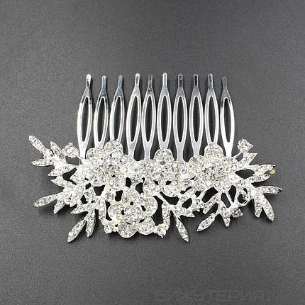 Гребечок сріблястого кольору для волосся з камушками квітки на 10 зубів розмір 6x9 см, фото 2