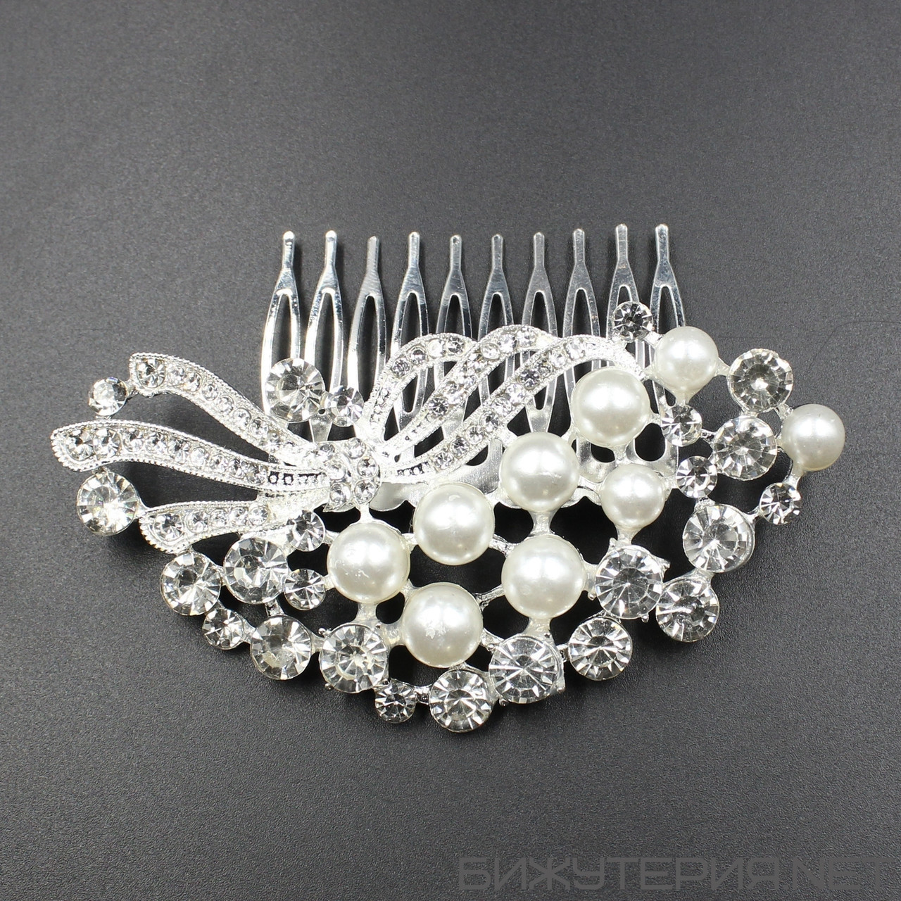 На 10 зубців срібний металічний для волосся з перлинами і кристалами 7,5х10 см