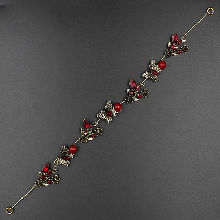 Гілка в зачіску для волосся металева золотава з червоними намистинками метелика з двома невидимими стебелами 28 см, фото 2