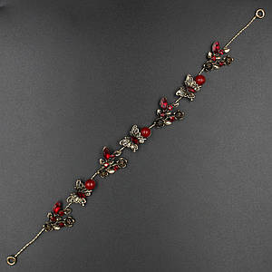 Гілка в зачіску для волосся металева золотава з червоними намистинками метелика з двома невидимими стебелами 28 см