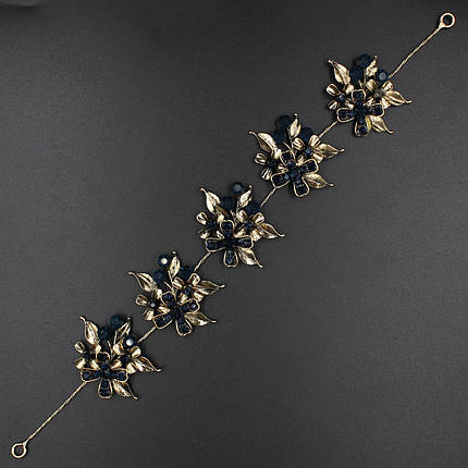 Гілка в зачіску для волосся — металічна золотава з сапфіровами стерази квіточок 28 см з двома неведими, фото 2