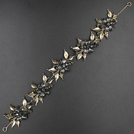 Гілка в зачіску для волосся золота з темно-сірими кристалами з квіточками 28 см з двома неведими, фото 2