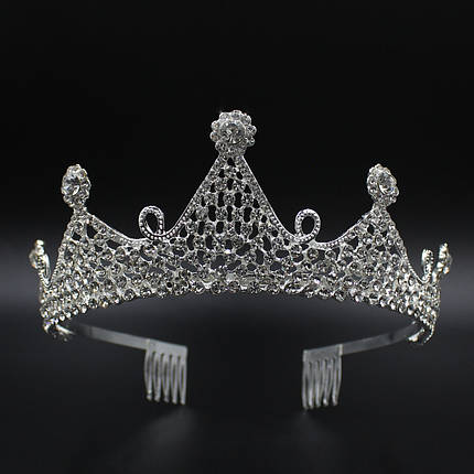 Корона диадема высота 6 см на металлической основе с гребешками серебристого цвета с кристаллами, фото 2