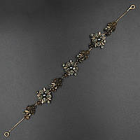 Веточка в прическу для волос золотистая с серыми бусинами и камнями цветочки 28 см с двумя неведимками