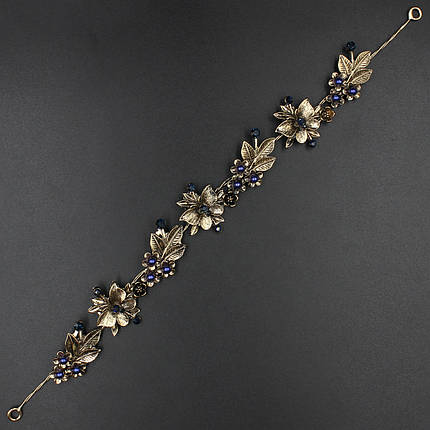 Гілочка в зачіску для волосся золота з синіми намистинами та фіанітами квіточки 28 сантиметрів з двома неводами, фото 2