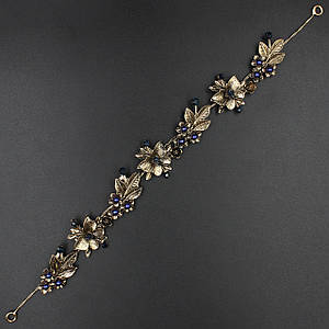 Гілочка в зачіску для волосся золота з синіми намистинами та фіанітами квіточки 28 сантиметрів з двома неводами