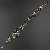 Веточка в прическу для волос золотистая с тёмно-серыми бусинами и камнями цветочки 28 см с двумя неведимками