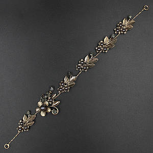 Гілка в зачіску для волосся золота з темно-сірими намистинами і камінням квіточки 28 см з двома неведими