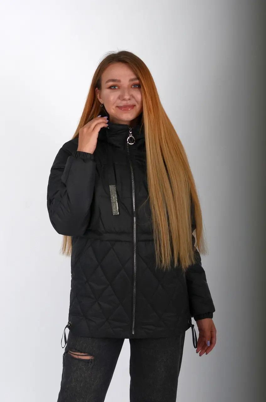 Якісна жіноча стьобана куртка чорного кольору, весна-осінь, фото 1