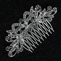 Гребень для волос серебристый металлический с кристаллами бантик веточка размер 9х4 см на 10 зубьев