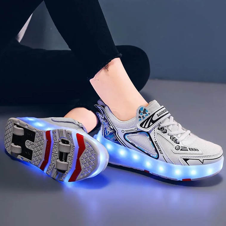 Роликовые светящиеся кроссовки Led на 4 колесах, USB зарядка, премиум качество, белые (RKL-28) - фото 7 - id-p1656846345