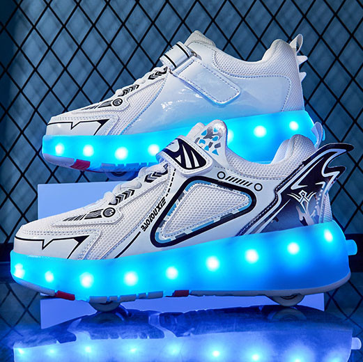 Роликовые светящиеся кроссовки Led на 4 колесах, USB зарядка, премиум качество, белые (RKL-28) - фото 4 - id-p1656846345