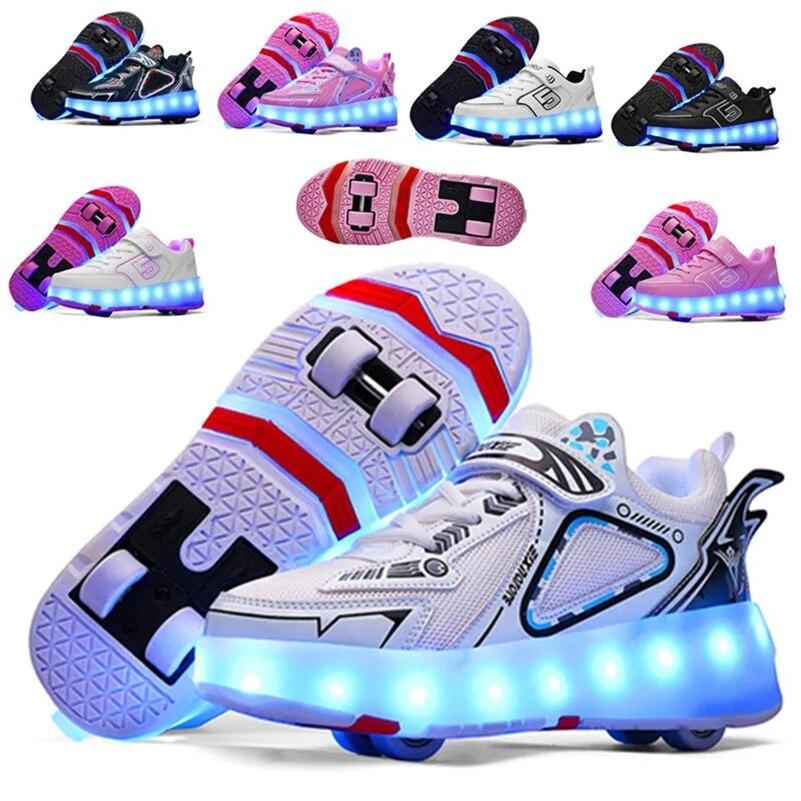 Роликовые светящиеся кроссовки Led на 4 колесах, USB зарядка, премиум качество, белые (RKL-28) - фото 2 - id-p1656846345