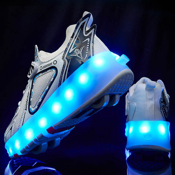 Роликовые светящиеся кроссовки Led на 4 колесах, USB зарядка, премиум качество, белые (RKL-28) - фото 3 - id-p1656846345