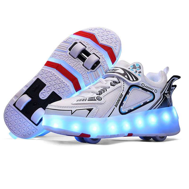 Роликовые светящиеся кроссовки Led на 4 колесах, USB зарядка, премиум качество, белые (RKL-28) - фото 1 - id-p1656846345