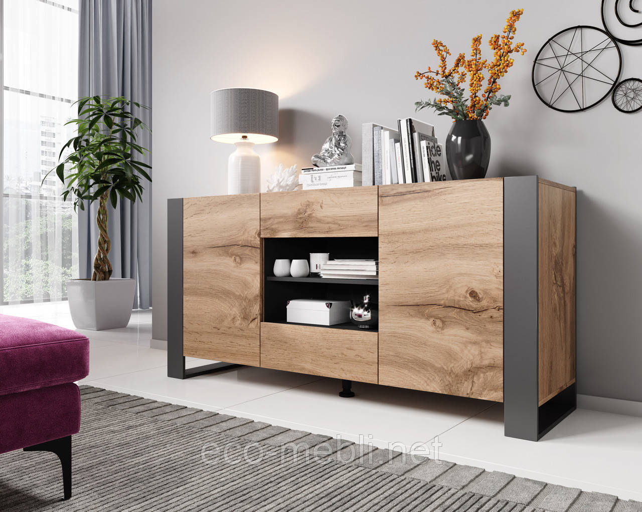 Комод 2Д2Ш у вітальню, спальню Wood дуб вотан / антрацит Cama meble, фото 1