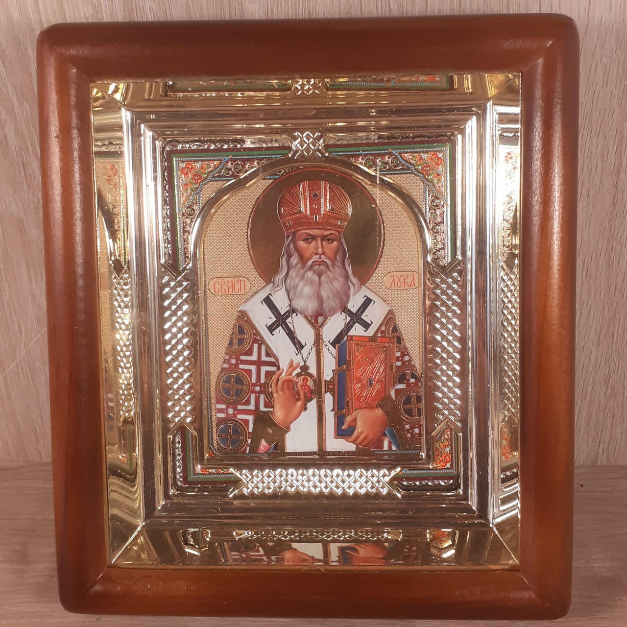 Ікона Лука святий сповідник, лик 10х12 см, в світлому прямому дерев'яному кіоті, фото 1