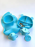 Набор посуды силиконовый для кормления первого прикорма Мишка голубой слюнявчик тарелка на присоске поильник