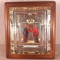 Ікона Визволителька Пресвята Богородиця, лик 10х12 см, у світлому прямому дерев'яному кіоті з арочним багетом