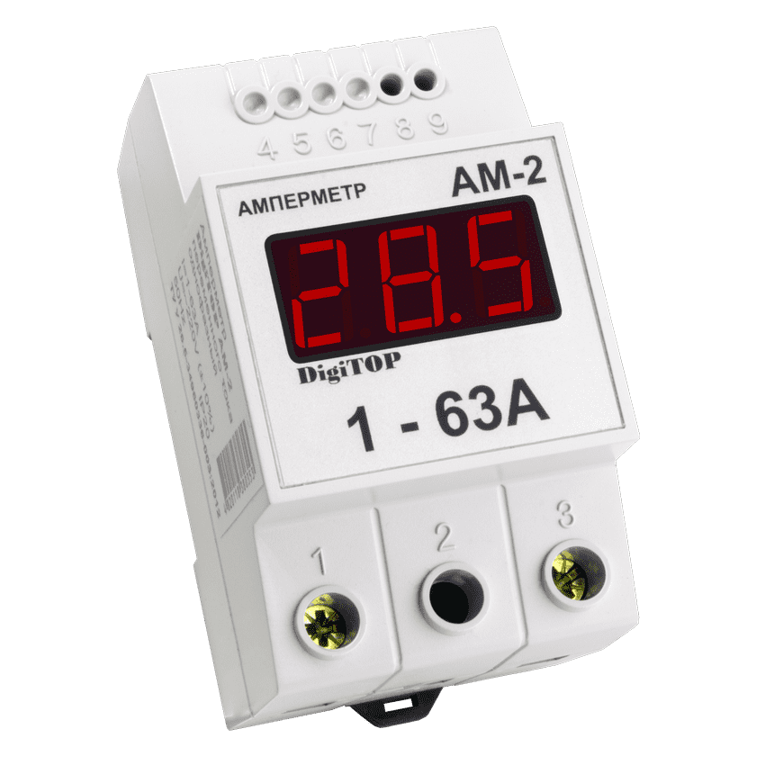 Однофазний амперметр DigiTOP AM-2 на DIN-рейку із вбудованим трансформатором (1-63А)
