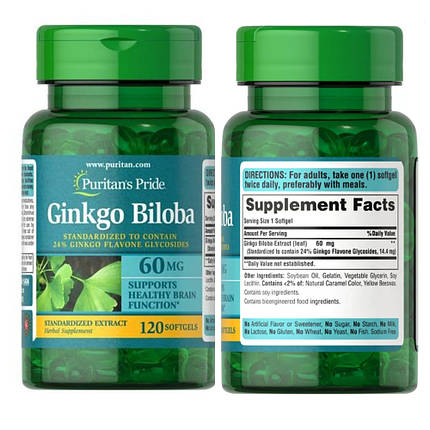 Гінкго Білоба Puritan's Pride Ginkgo Biloba 60 mg 120 капс гел, фото 2