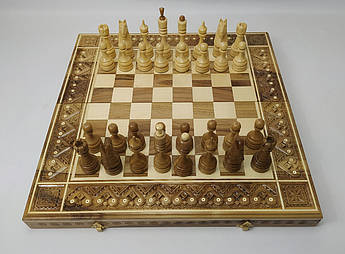 Шахи дерев'яні різьблені ручної роботи набір 3 в 1 шахи, шашки, нарди.