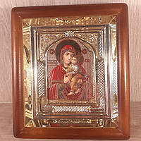 Икона Киево - братская Пресвятая Богородица, лик 10х12 см, в светлом прямом деревянном киоте с арочным багетом